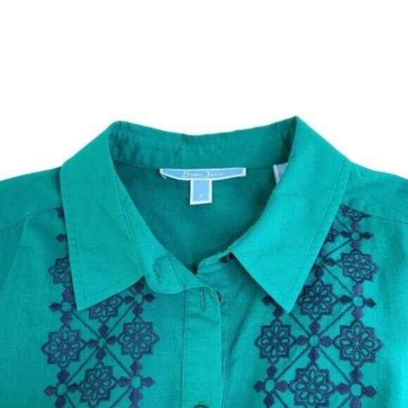 Draper James Embroidered Button Front Shirt Dress Green and Navy Mini Dress - Picture 3 of 6